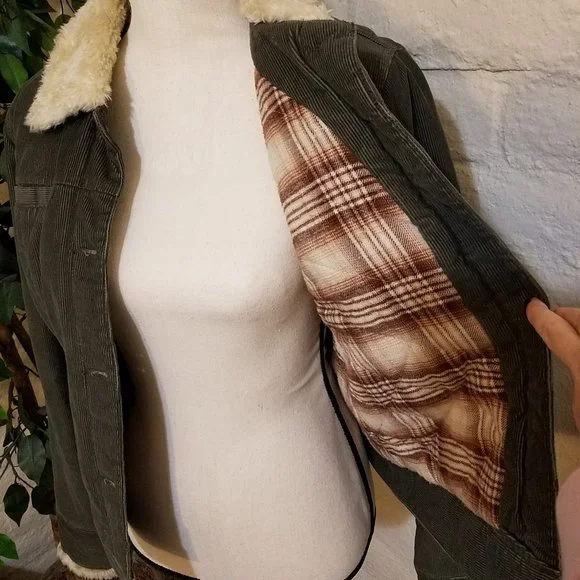 Vintage Roxy Corduroy Coat Juniors Medium Jacket Cotton Fur Green Button Down - Picture 4 of 7